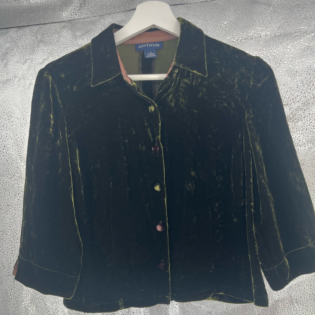 Ann Taylor Silk Blend Olive Green Velvet Button Up Jacket Size 4